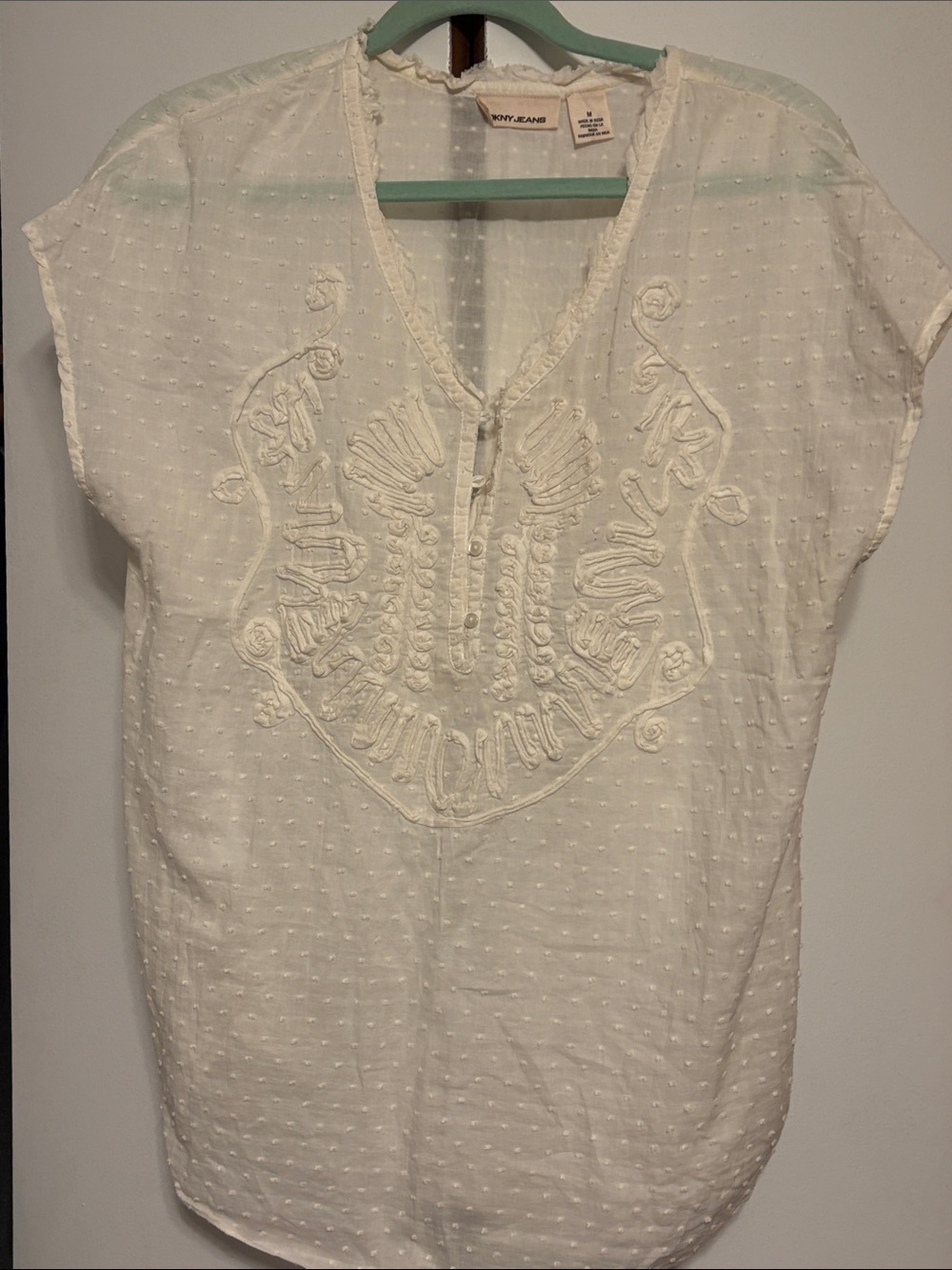 DKNY Cream Embroidered Swiss Dot V-Neck Tunic